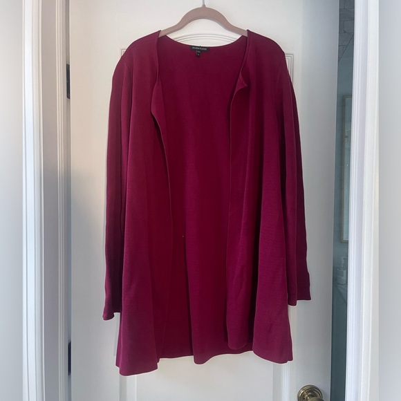 Eileen Fisher Silk & Cotton Blend Open Front Cardigan Sweater Burgundy Red Sz L - Picture 1 of 4